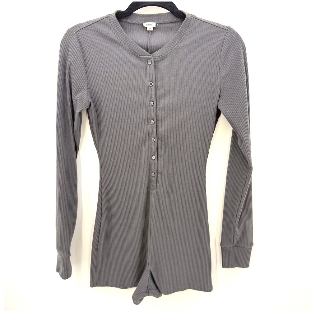 Garage Ribbed S Grey Long‎ Sleeve Henley Bodycon Romper Cozy   Loungewear